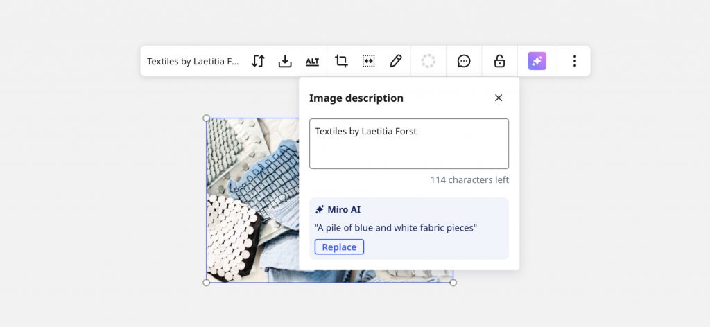 Miro interface showing the image description panel with alt-text options for a fabric photo.
