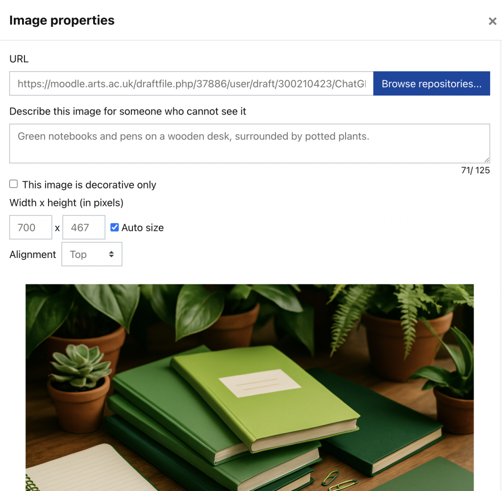 Display of the image properties pop up screen in Moodle.
