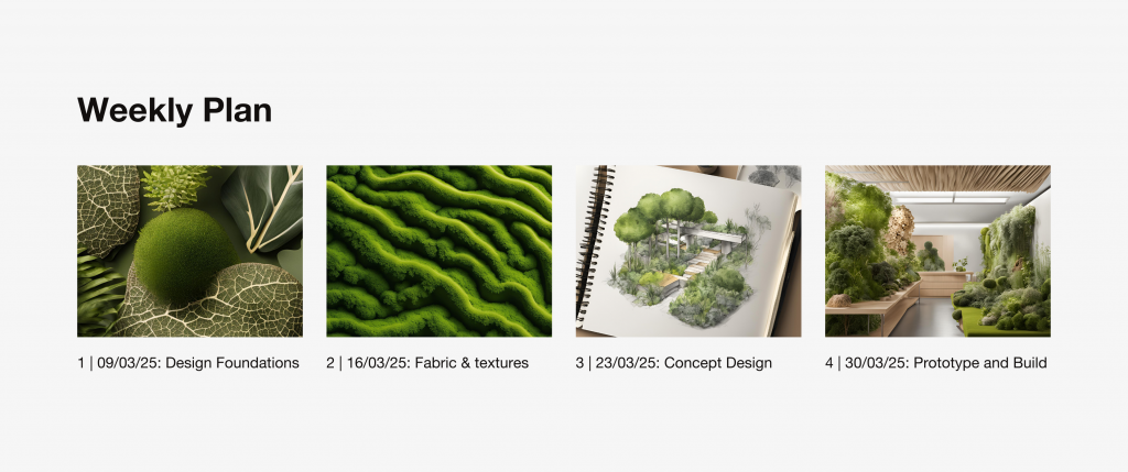 A structured course layout with four course topics, each represented by a related image and date with this structure: unit number, pipe symbol, date, colon, then topic.