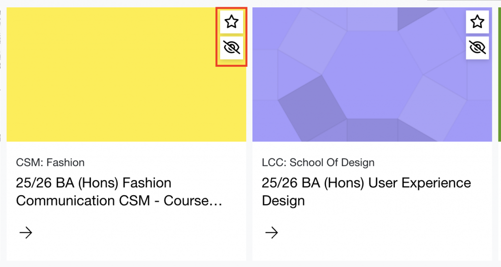 Course card options on the My Courses page, with options to star a course or hide a course highlighted