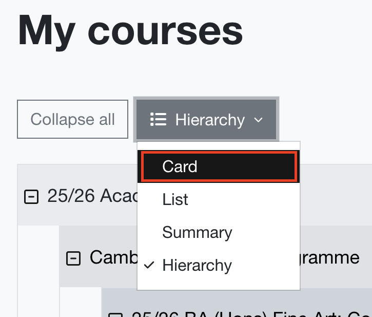 The Card option in the view filters for the My Courses page