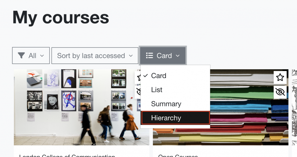 The view dropdown menu on the My Courses page with the hierarchy option highlighted