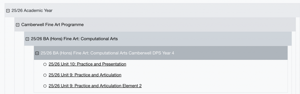 Hierarchy view of a course on the My Courses page, showing the nested levels of the course: Programme area, course name, then year of the course followed by units
