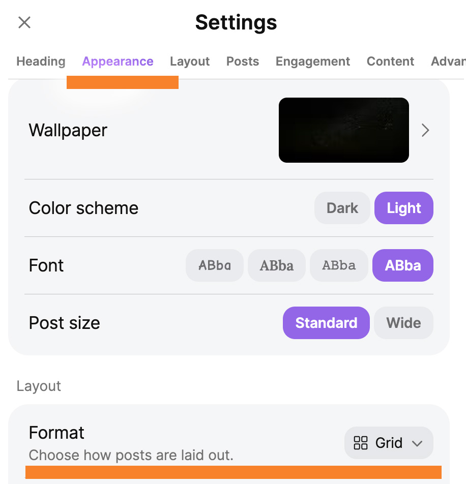 Padlet settings menu with the appearance tab selected. Underneath it are options to change the wallpaper, colour scheme, font, post size and format.