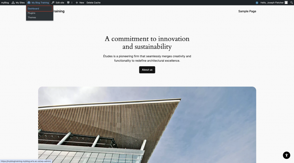 A MyBlog page with the menu bar visible and the dashboard link highlighted