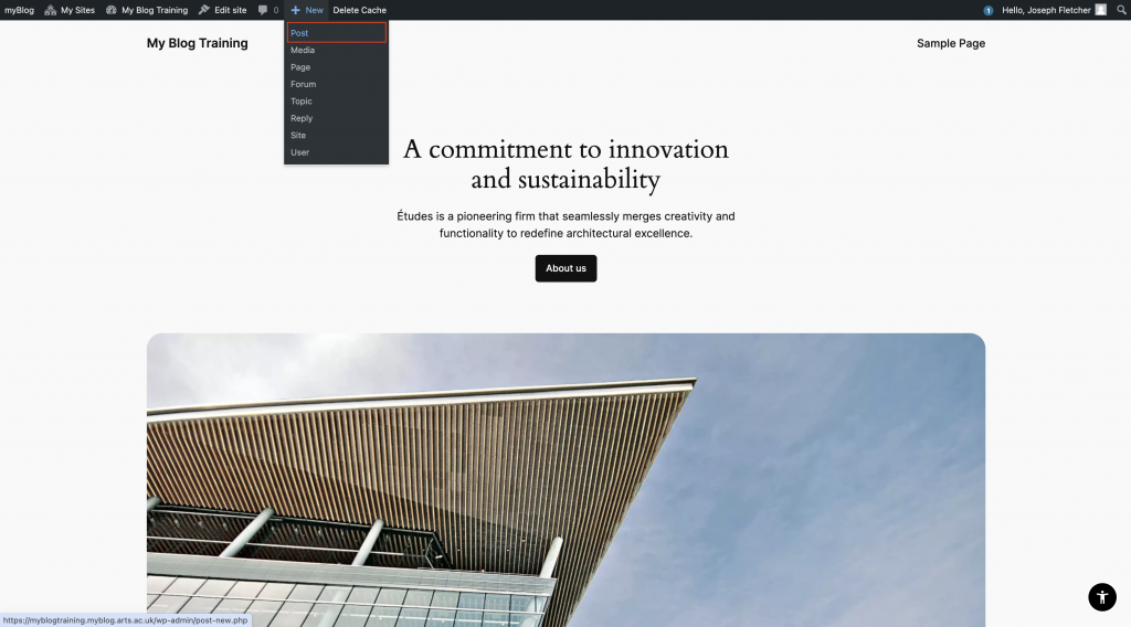 The new post button in the MyBlog menu bar