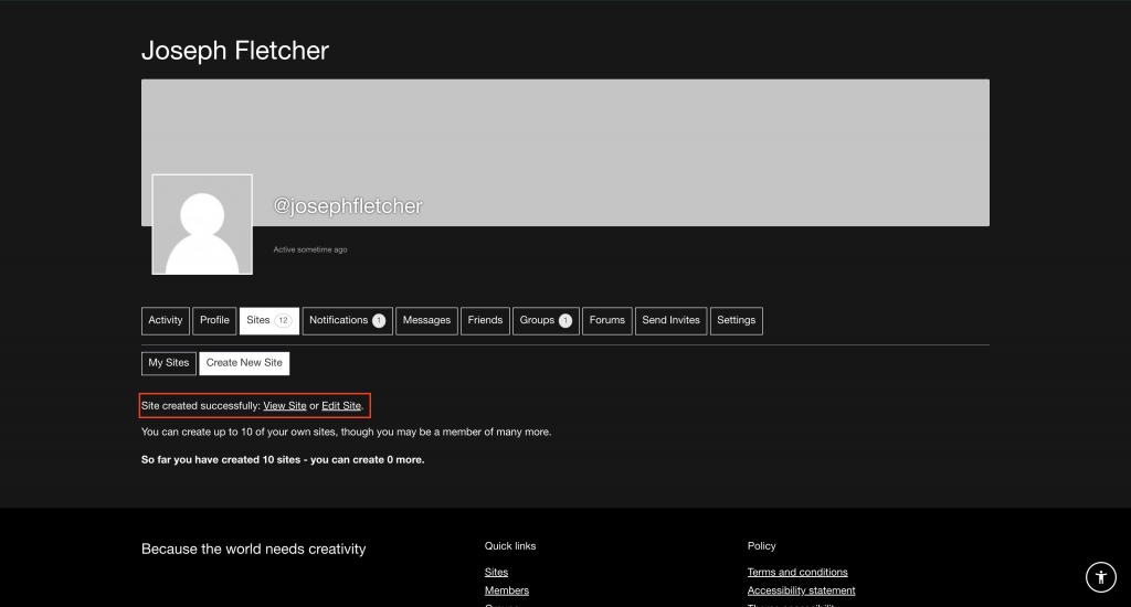 The MyBlog site creation confirmation message. With options View site and Edit site highlighted