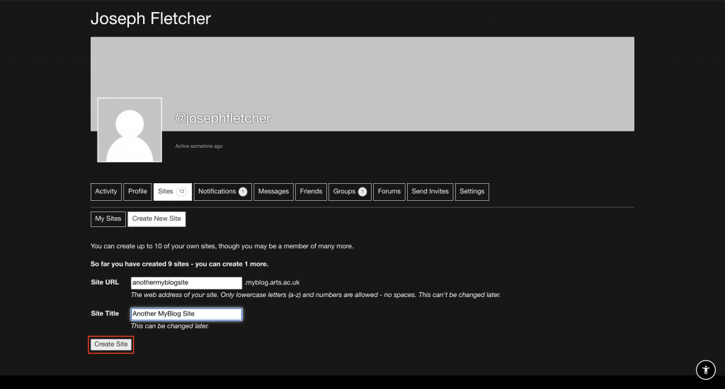The MyBlog Create New Site page. Site URL and Site Title fields filled in, the Create Site button highlited