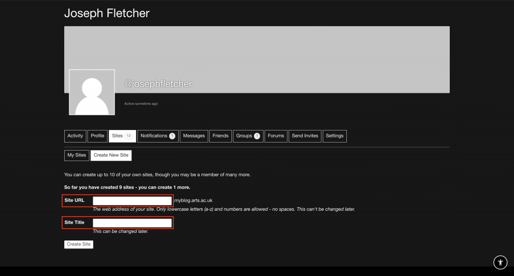 The MyBlog Create New Site page, with Site URL and Site Title input fields highlighted