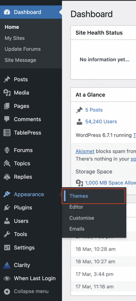 The themes menu item on the MyBlog Dashboard