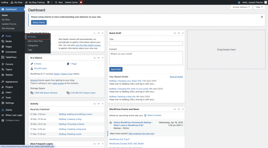 The MyBlog Dashboard page with the All Posts menu item highlighted
