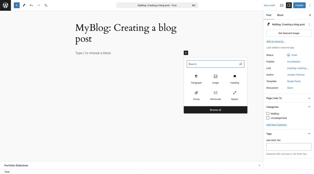 The browse all option when adding a new block in the MyBlog editor