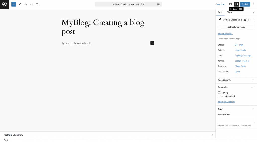 The settings panel on the right-hand side of the MyBlog editor