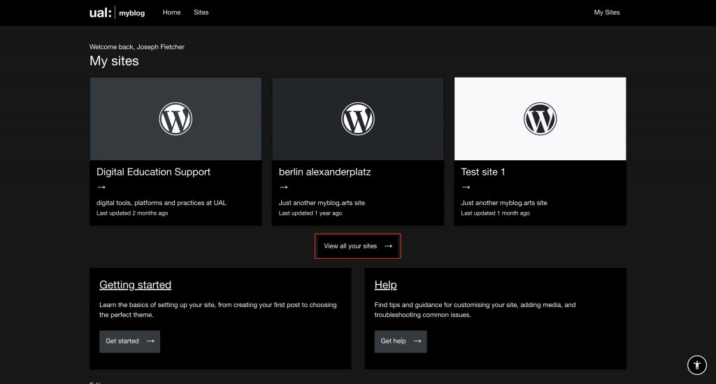 The My Sites page on MyBlog, showing a list of all a user's registered sites. 