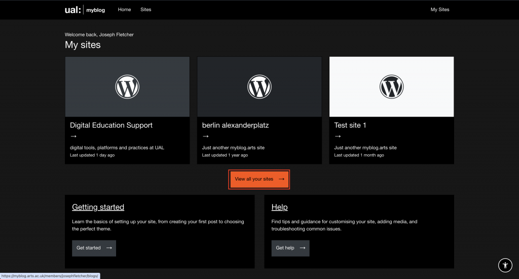 The MyBlog homepage with View all your sites button highlighted