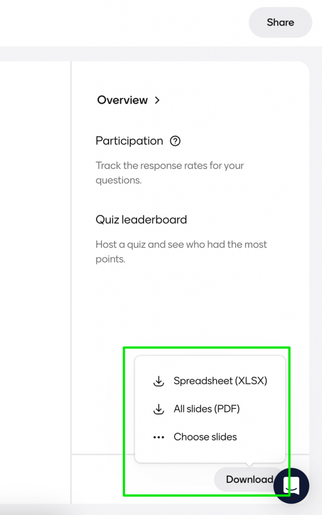 Download results to an Excel spreadsheet, PDF, or choose slides
