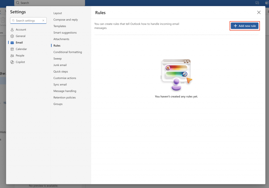 The Manage rules window with the Add a new rule button highlighted