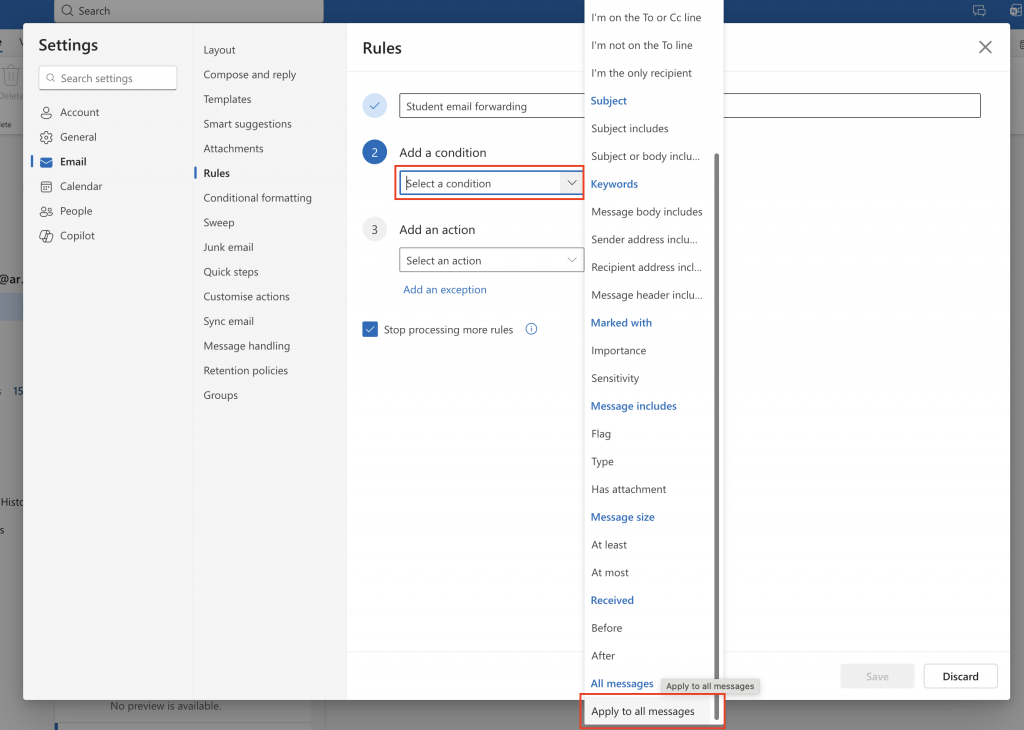 The add a new rule window, with both the add a condition field and the condition apply to all messages highlighted