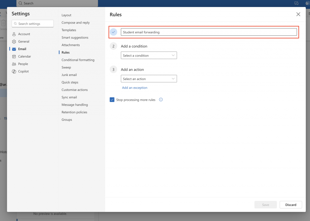 The add a new rule window, with the name field highlighted