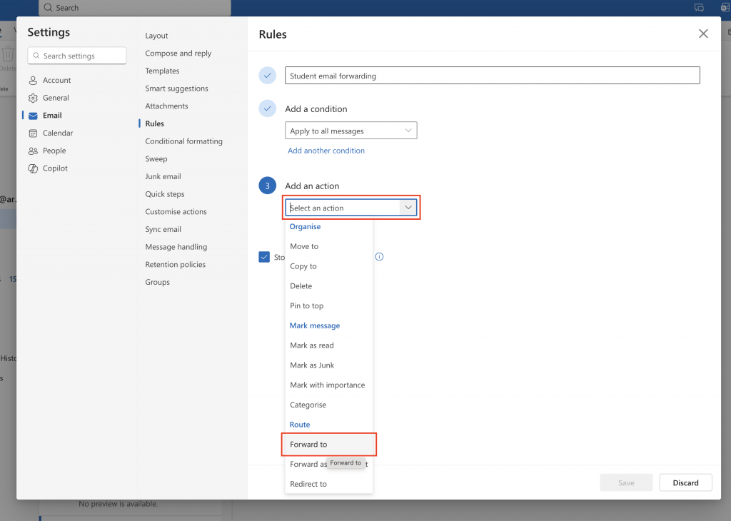 The add a new rule window, with both the add an action field and the action forward to highlighted