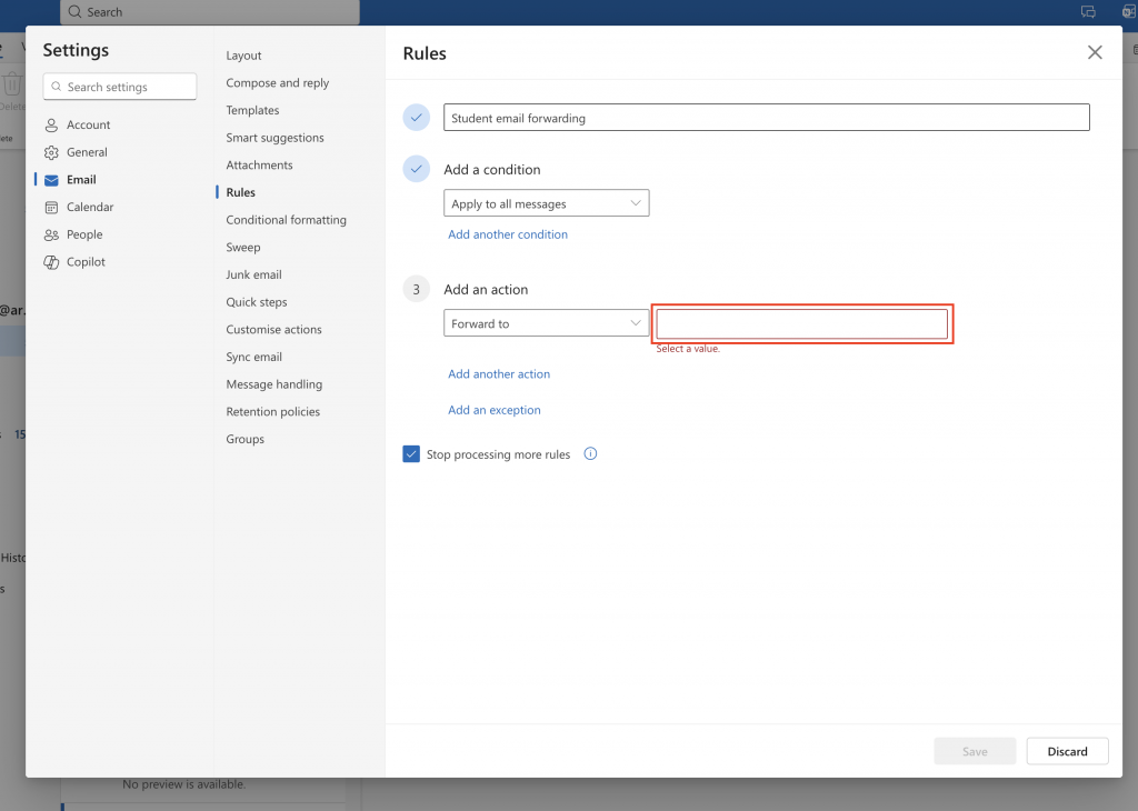 The add a new rule window with the email address field highlighted while adding a new forward to rule
